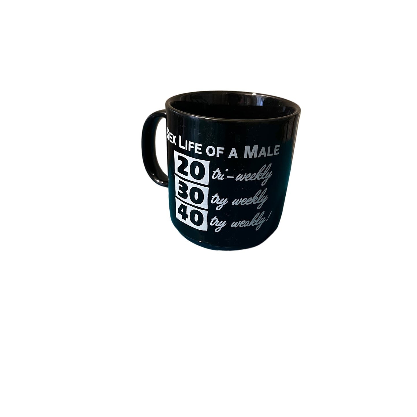 Russ Humorous Coffee/Tea Mug – Sex Life of a Male Ages 20, 30, 40 Tiger Willy