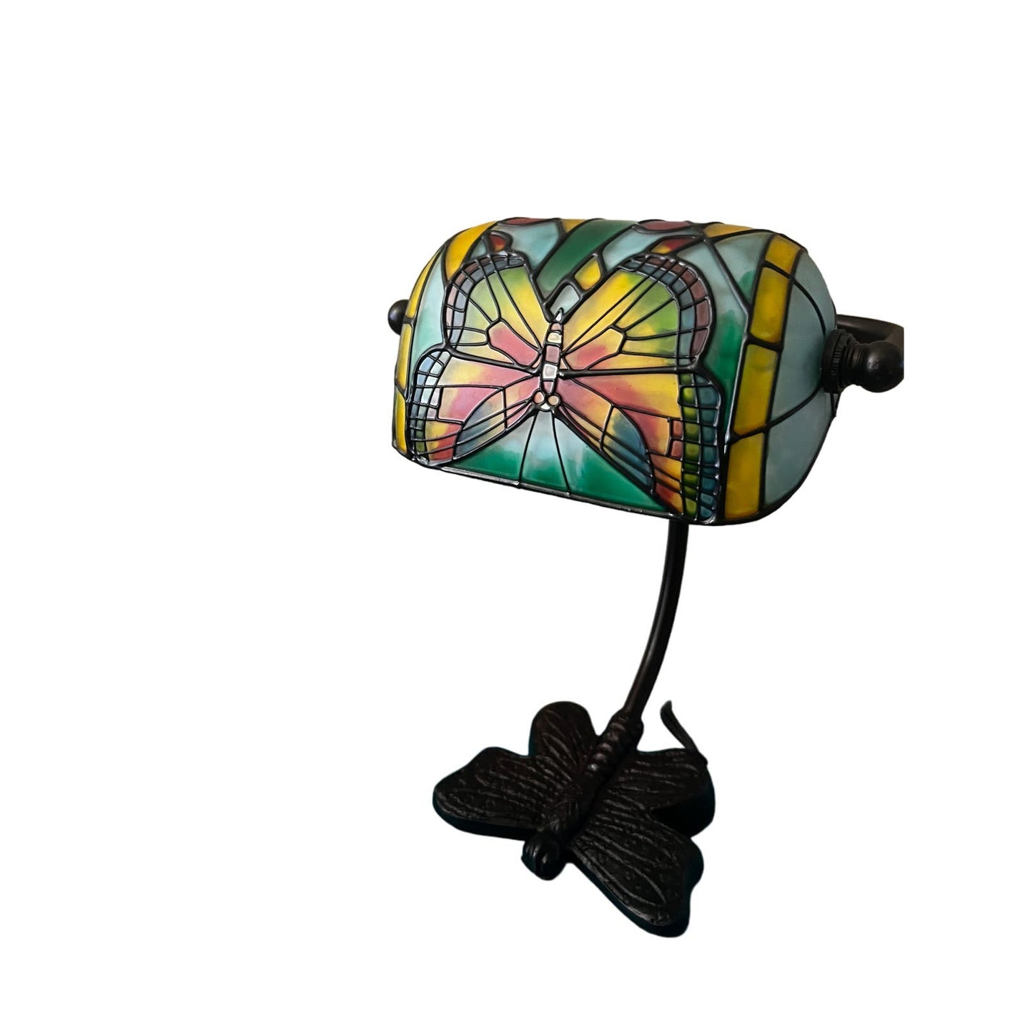 NIB Vintage Desktop Bankers Tiffany Stained Glass Butterfly Lamp - Yesterdays Collective