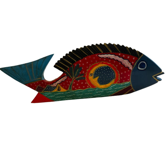 Vintage Mexican Boho Wood Folk Art Oaxaca Carved Fish Moon Floral - Yesterdays Collective